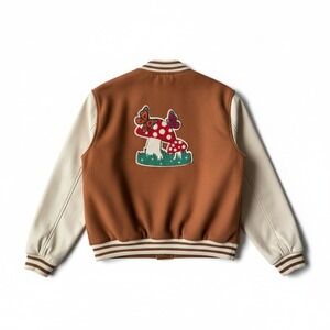 Ashley Outerwear Varsity Bomber Jacket Mushroom Butterfly Patch Tan Large Grunge